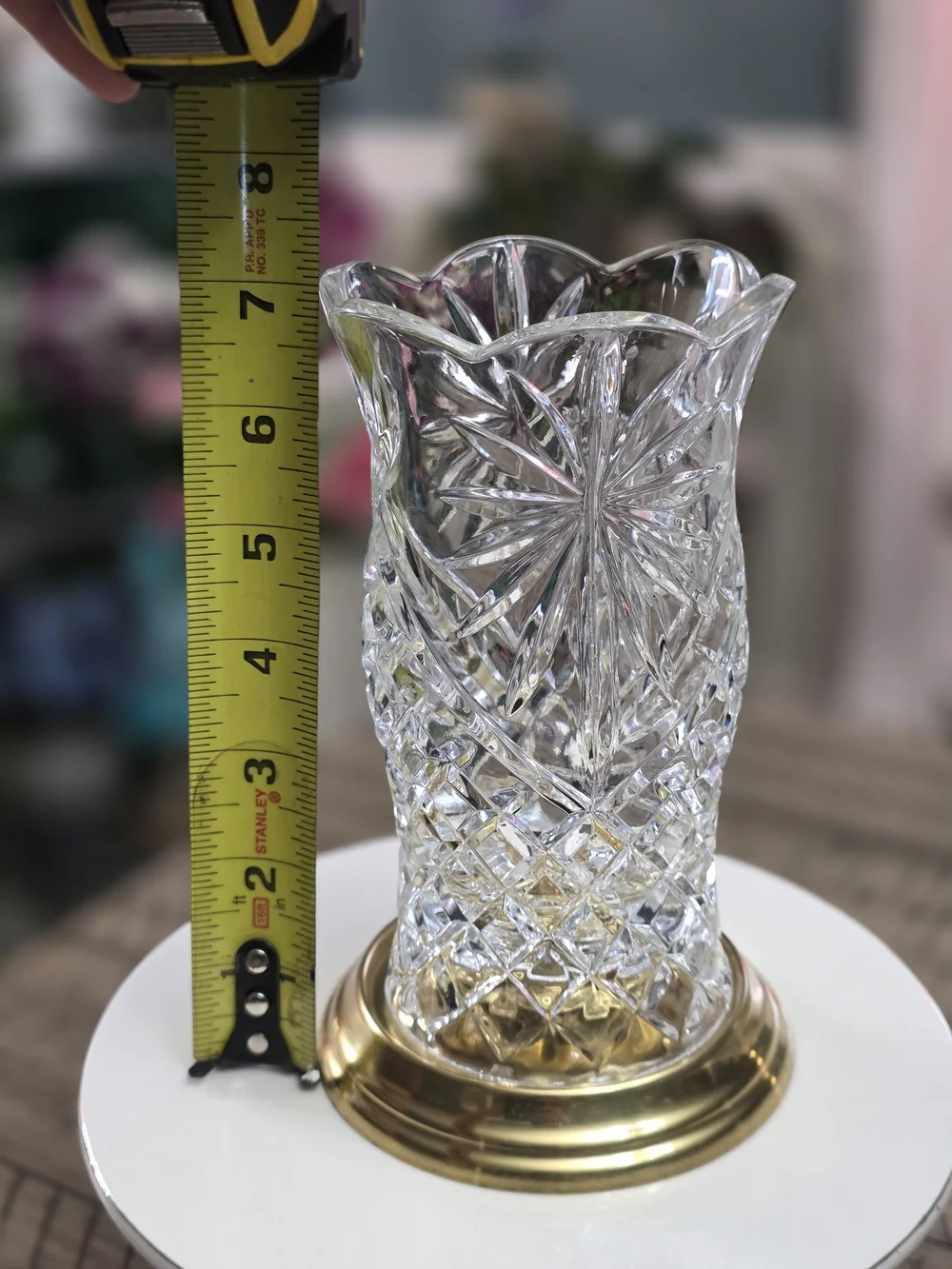 Clear Crystal Cut Glass Vase with Gold Base by